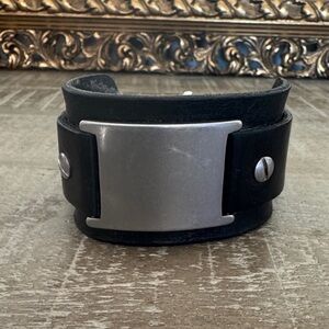 Fossil Black Leather Cuff Bracelet with Silver Accents